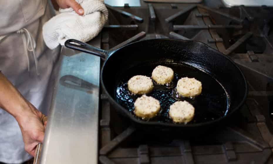 Cultured fish grown in a lab by Finless Foods being cooked at a tasting event in San Francisco, 2017.