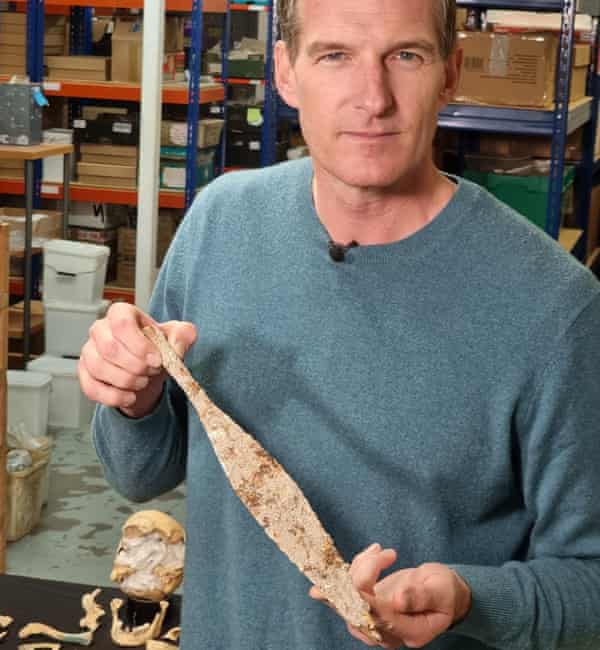 Dan Snow with spearhead uncovered in HS2 excavations