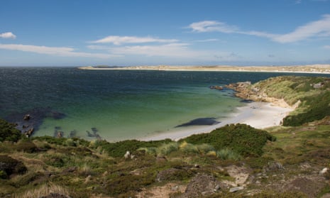 A general view over the mined beaches of Gypsey cove near Port Stanley, Falklands.