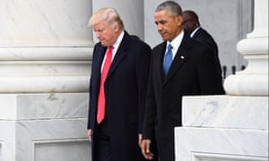 Donald Trump and Barack Obama walk out of the East front of the Capitol, prior to Obama’s departure from the 2017 presidential inauguration.