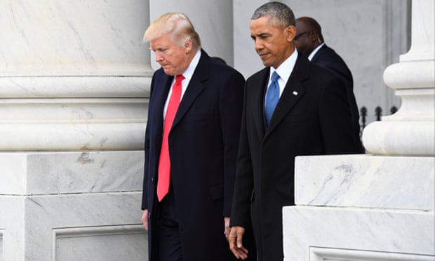  Donald Trump and Barack Obama walk out of the East front of the Capitol, prior to Obama's departure from the 2017 presidential inauguration. Photograph: POOL/Reuters  