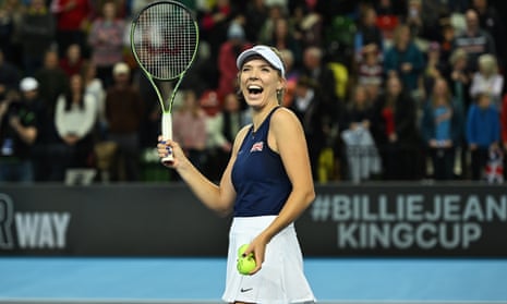 Katie Boulter celebrates victory during the first day of the Billie Jean King Cup playoff match