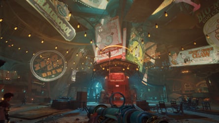 An array of colourful shops and vendors in The Outer Worlds 2.