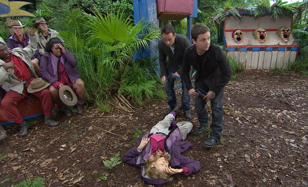 I’m A Celebrity, 2010. Gillian McKeith appears to faint at the prospect of yet another bushtucker trial, watched by Ant and Dec.