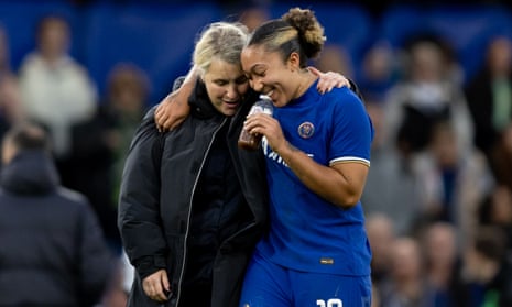 Lauren James of Chelsea and Emma Hayes manager of Chelsea in a hug after their side’s victory over Liverpool.