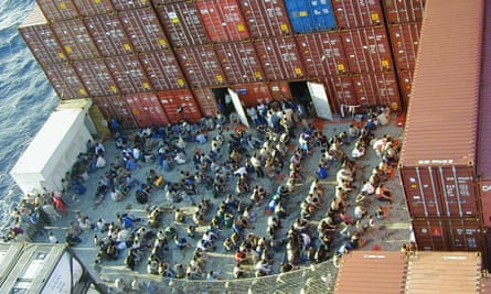 Rescued asylum seekers on board the Norwegian cargo ship Tampa in 2001. The incident was one of the catalysts for the Howard government’s ‘Pacific Solution’.