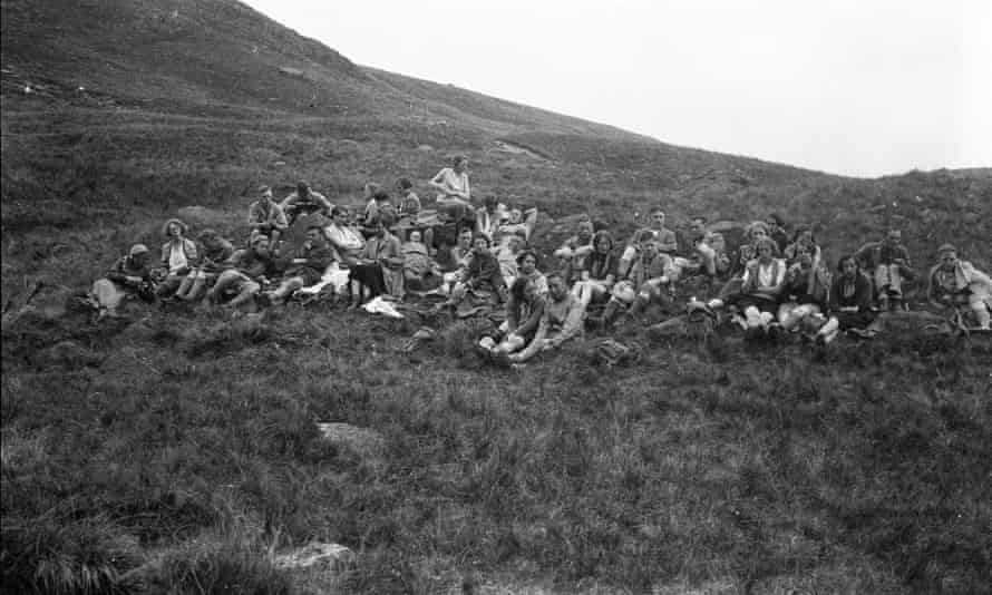 Ramblers resting on Kinder Scout hills in 1932.