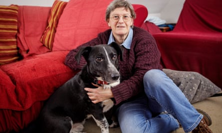 Theresa Mansbridge with her rescue dog Orrose at home in Gloucestershire
