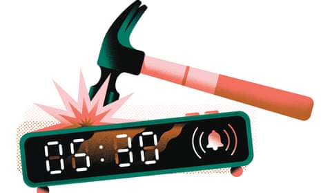 Illustration of hammer and alarm clock set for 05.30