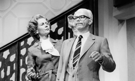 Angela Thorne as Margaret Thatcher with John Wells as Denis Thatcher in Anyone for Denis? at the Whitehall Theatre, London, in 1981.