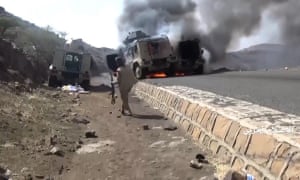 An unverified video purports to show Saudi military vehicles ablaze in the southern region of Najran