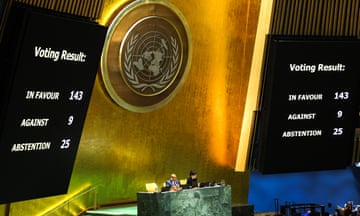 The results of a vote on a resolution for the UN security council to reconsider and support the full membership of Palestine into the United Nations is displayed during a special session of the general assembly.
