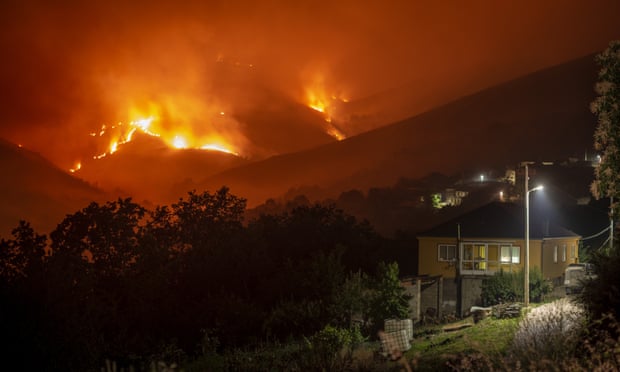 A forest fire burns near Carballeda de Valdeorras, Galicia, Spain