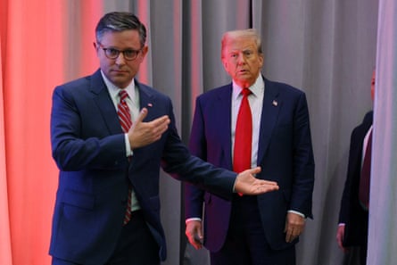 Donald Trump is welcomed by Mike Johnson to meet with House Republicans on Capitol Hill.