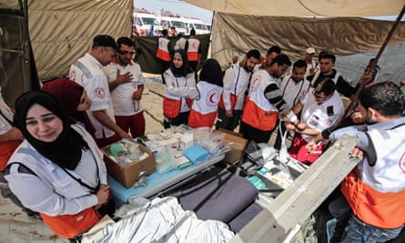 Palestinian paramedics set up ahead of protests on the Israel-Gaza border near Khan Yunis.