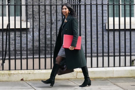 Suella Braverman, the home secretary, arriving at No 10 for cabinet this morning.