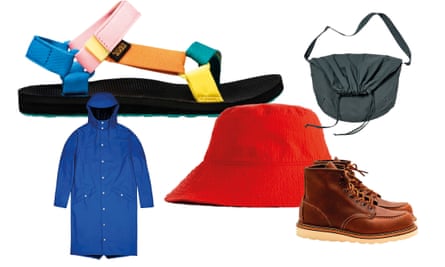 From left: Teva sandals; Rains longer jacket; Arket hat; Red Wing boots, from John Lewis; Uniqlo drawstring shoulder bag.