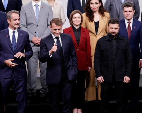Greece's prime minister Kyriakos Mitsotakis, Denmark's prime minister Mette Frederiksen, Ukraine's President Volodymyr Zelenskyy, France's President Emmanuel Macron and other leaders pose for a family photo on the day of the European Political Community summit in Copenhagen, Denmark.