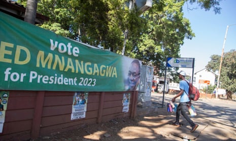 An election banner for Zimbabwe’s president, Emmerson Mnangagwa
