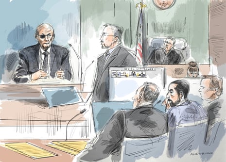 A courtroom sketch of Salman Rushdie testifying in federal court on 23 July 2026.