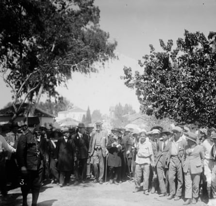 Arthur Balfour (centre, with dark glasses) visiting Jewish colonies in Palestine in 1925.