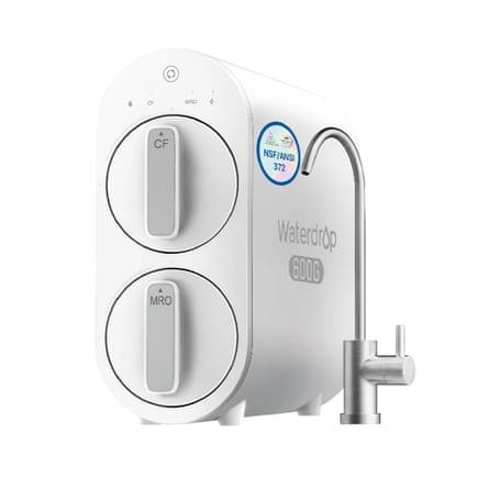 An image of a Waterdrop G2P600 Water Filtration System unit and illustration of a tap.