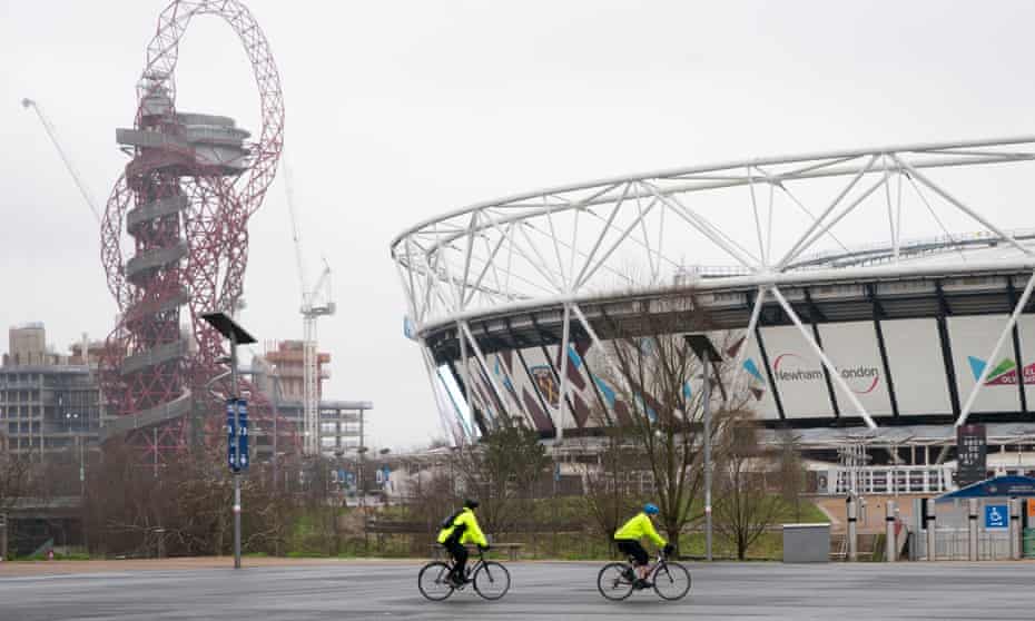 Cyclists ride through Olympic Park, east London. Johnson went cycling in the park on Sunday, seven miles from his Downing Street home.