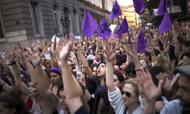 Demonstrators outside the justice ministry in Madrid protesting after five men were sentenced for gang raping a woman at Pamplona’s bull-running festival.