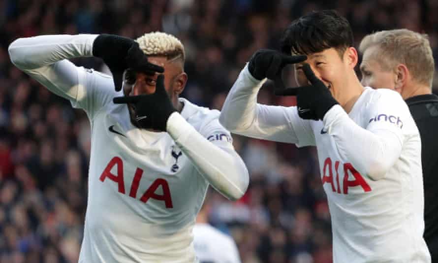 Son Heung-Min celebrates with team mate Sergio Reguilon after Spurs’ third goal.