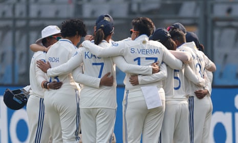 India players join a huddle before day three of the women's Test against Australia