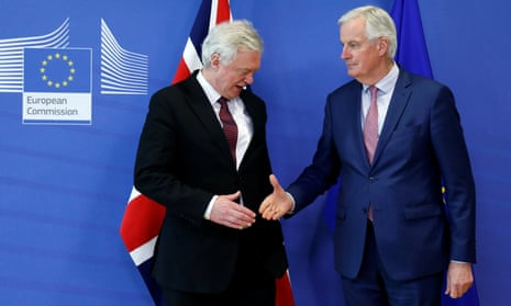David Davis and Michel Barnier shake hands before Monday’s meeting in Brussels.