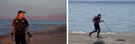 left: man stands gazing to the side, wearing baseball cap at sunset on beach. right: man runs while wearing gas mask and holding ski-pole style poles