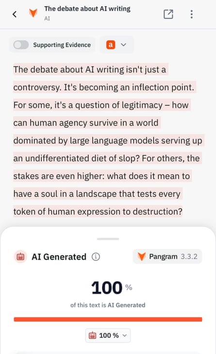 A screenshot of a text entered into Pangram AI detector by David Shariatmadari, incorrectly identified as being AI generated