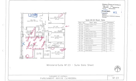 Exhibit showing mMinisterial suite M1 23 – with Brittany Higgins’ markings. Source: Federal Court