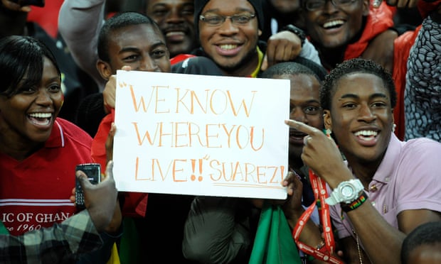 Ghana fans send a message to Luis Suárez at their team’s friendly with England at Wembley in 2011.