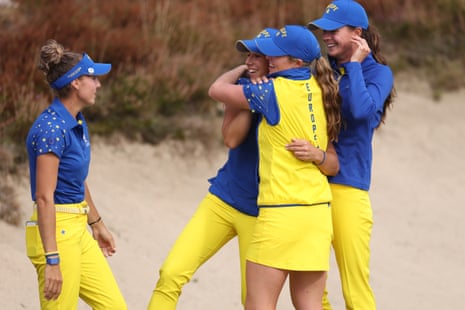 Julia Lopez Ramirez of Team Europe celebrates her match victory on the 16th green.