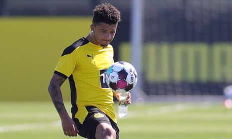 Jadon Sancho pictured in training with Borussia Dortmund last week. The club’s sporting director has said the England international will not join Manchester United this summer.