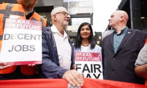 Jeremy Corbyn (2nd left), Zarah Sultana, MP for Coventry South and Mick Lynch, general secretary of the Rail, Maritime and Transport union (RMT) (right) on the picket line outside London Euston train station