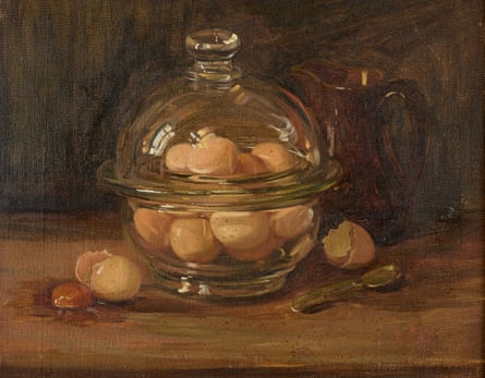 Eggs in a glass bowl painted in a classical, naturalistic style