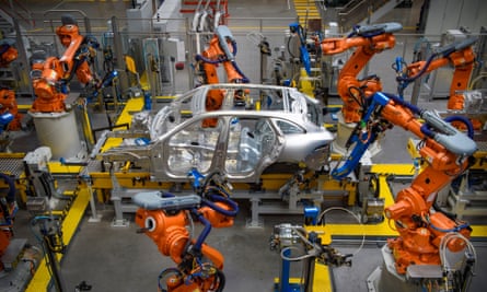 Cars being manufactured in the Aluminium Body Shop, part of Jaguar Land Rover’s Advanced Manufacturing Facility in Solihull, Birmingham, March  2017.