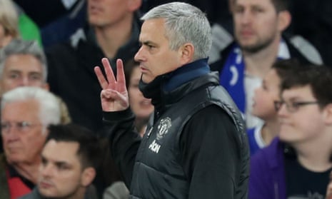 José Mourinho holds up a finger for each of the three titles he won as Chelsea manager during Manchester United’s FA Cup defeat at Stamford Bridge last month.