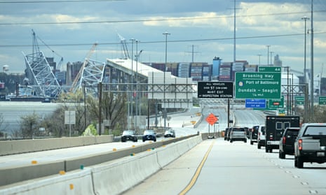 Joe Biden’s motorcade approaches the collapsed Francis Scott Key bridge in Baltimore.