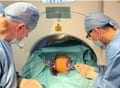 Catheter placement on a patient.