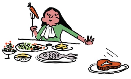 Illustration of a woman eating a carrot, with plates of food in front of her, pushing away the one with red meat on it
