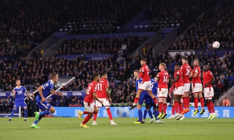 Leicester City’s James Maddison scores their third goal from a free-kick.