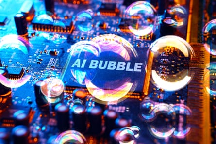 Microchip and soap bubbles, AI bubble, photomontage