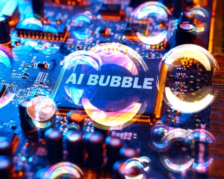 An illustration showing a series of bubbles, one marked AI bubble, set over a circuit board