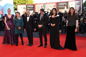 Premieres: 73rd Venice Film Festival - Jaeger-LeCoultre CollectionVENICE, ITALY - AUGUST 31: (L-R) ‘Venezia 73’ jury members Nina Hoss, Laurie Anderson, Joshua Oppenheimer, Lorenzo Vigas, Zhao Wei wearing a Jaeger-LeCoultre watch and Chiara Mastroianni attend the opening ceremony and premiere of ‘La La Land’ during the 73rd Venice Film Festival at Sala Grande on August 31, 2016 in Venice, Italy. (Photo by Ian Gavan/Getty Images for Jaeger-LeCoultre)