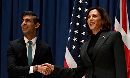 Sunak and Harris shaking hands and posing for pictures in front of the US flag and union jack