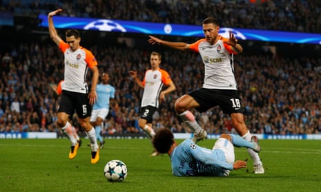 Shakhtar Donetsk’s Ivan Ordets challenges Leroy Sane and a penalty is given.
